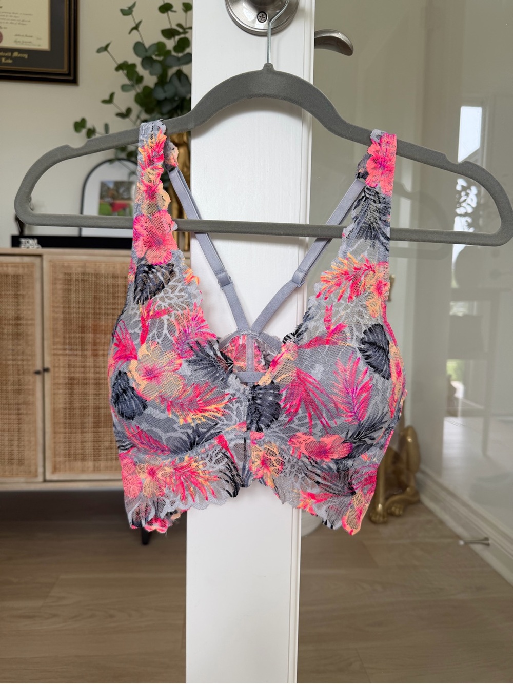 PINK Victoria's Secret Floral Lace Bralette in Gray with Neon Pink Accents